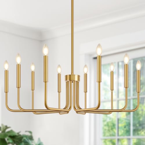 Lynnoland Gold 10-Light Farmhouse Chandelier for Dining Room Lighting Fixtures Hanging, Vintage Candle Pendant Light Fixtures Chandelier for Bedroom, Foyer and Living Room