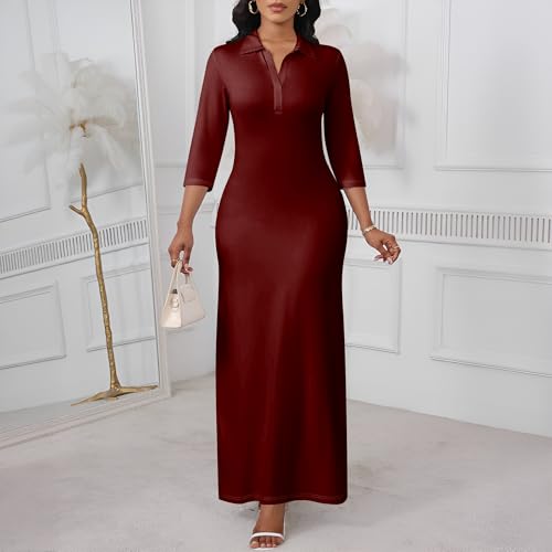 Image of PinkPatty Women's Casual 3 /4 Sleeve Polo V Neck Bodycon Maxi Dress