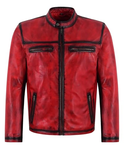 Veste en cuir de course homme rouge vintage style motard classique 1457 ciré