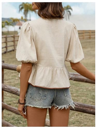 SOLY HUX Women's Bow Tie Front Tops Puff Short Sleeve Ruffle Hem Peplum Cute Blouse2