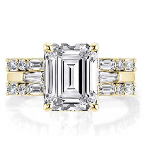 Triostar 14K Yellow Gold Plated 3 PC Wedding Ring Set Radiant Cut Engagement Ring for Women 925 Sterling Silver Promise Ring Bridal Set