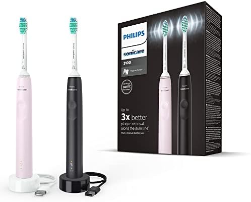 Philips Sonicare 3100-2 x elektryczna szczoteczka soniczna, czarny i róża cukrowa 2 x główki szczoteczki C2 Optimal Plaque Defence (Model HX3675/15)
