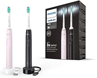 Philips Sonicare 3100-2 x elektryczna szczoteczka soniczna, czarny i róża cukrowa 2 x główki szczoteczki C2 Optimal Plaque Defence (Model HX3675/15)