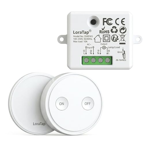 LoraTap Interruttore Luce Senza Fili, Interruttore Luci Mobile + Ricevitore a Relè Radio Telecomando On/Off Switch Wireless per Lampade e Apparecchi Elettrici, No WiFi, No App, Telecomando Colore Nero