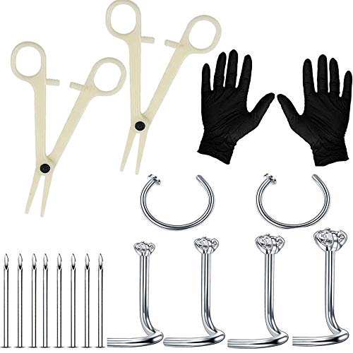 Piercing Kit, CINRA 24PCS Professional Nose Piercing Kit 20G 316L Stainless Steel Nose Nail Rings Piercing Hoops and Piercing Needles Piercing Clamps for Nose Piercing Supply