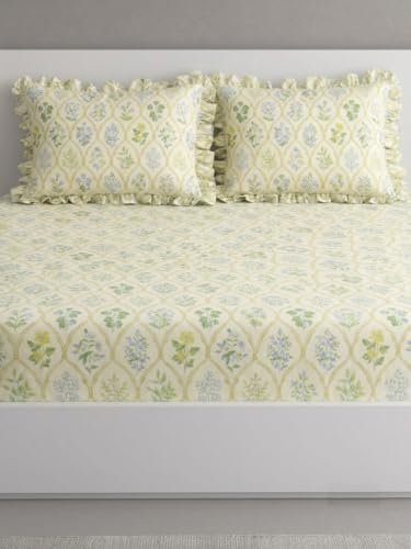 Image of DECOMIZER 300 TC Soft Cotton Feel Microfiber All Around Elastic Fitted Super King Bedsheet with 2 Frill Pillow Covers King Size (72x78) Fits Upto 12 inches Mattress | Yellow Jaipuri