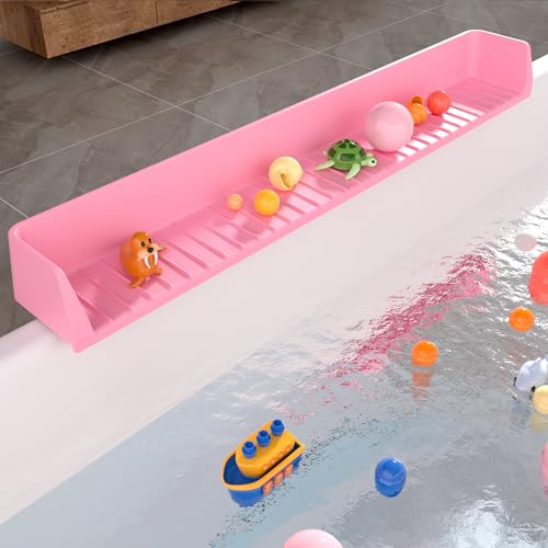 Aqqwxyq Splash Guard for Bathtub Kids Silicone Bath Splash Guard Play Shelf Tub Water Guards Longer Bath Toy Tray Holder Bath Tub Splash Guard Prevent Water Spills in Bathroom (2.6FT Pink)