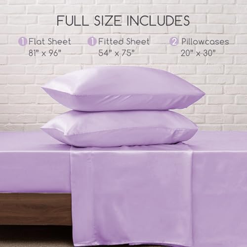 Image of MR&HM Satin Bed Sheets with Elastic Corner Straps, Full Size Sheets Set, 4 Pcs Silky Bedding Set with 15 Inches Deep Pocket for Mattress (Full, Lilac)