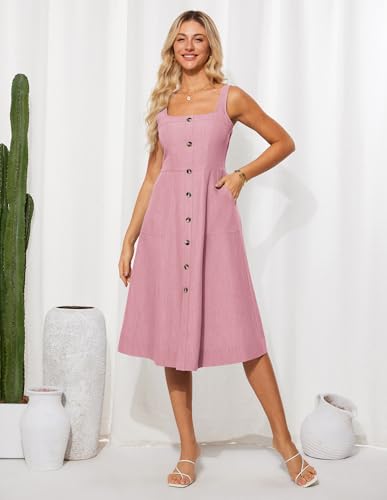 Image of GRACE KARIN Women's Summer Dress 2025 Casual Square Neck Flattering A-Line Button Down Midi Tank Sundress with Pockets