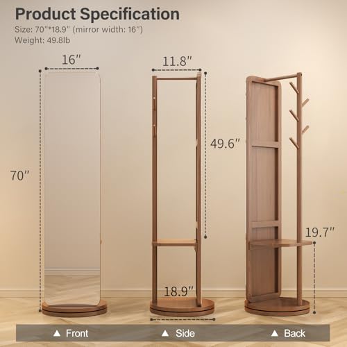 Image of AnywaysWood 70 inchx19 inchFull Length Mirror with Stand,Coat Rack with Mirror,Solid Wood Floor Mirror,Swivel Mirrorfor Bedroom, Living Room, Cloakroom (Deep Walnut, 69 inch L x 16 inch W)