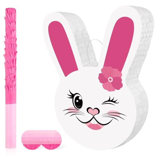 Lemicin Easter Bunny Piata with Stick Blindfold Easter Sunday Celebration Bunny Theme Party Decoration for Girls Kids 1st Birthday Funny Cute Egg Theme Party Dcor (15.4x12.6 x 3)
