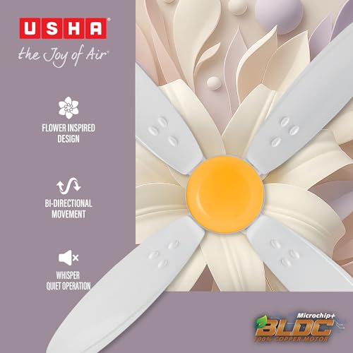 Image of USHA Bloom Lily Nova 4-Blade BLDC Ceiling Fan |100% Copper Motor |Bi-Directiona|RF Remote |Sleep, Boost & Timer Mode |Whisper-Quiet |Dust-Resistant |3Y Motor & 2Y PCB Warranty | White & Saffron Yellow