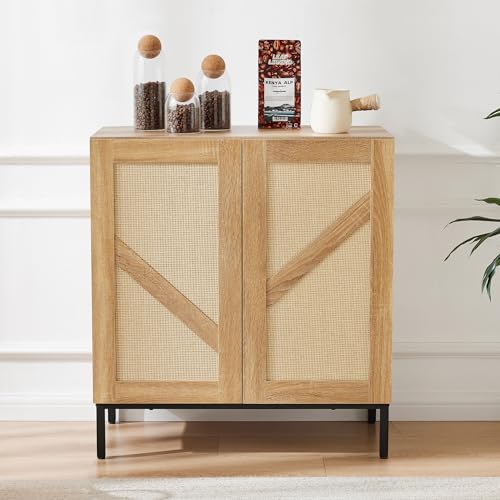 Mericonia Gabinete de mimbre con patas de metal, gabinete de almacenamiento de cocina bohemio de madera con estante ajustable, aparador con puertas de ratán natural, cafetería de granja para sala de