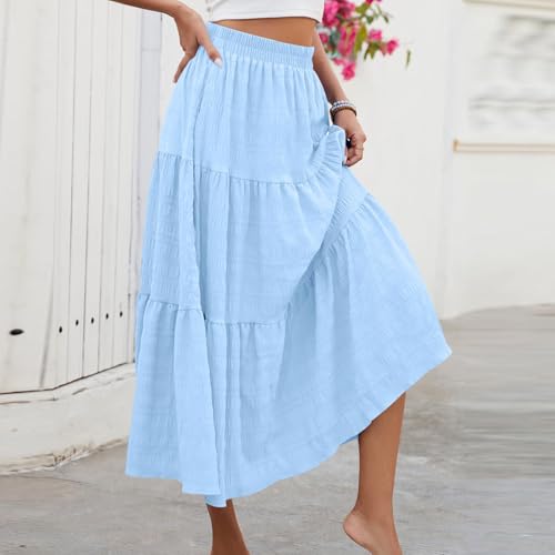 Lmdudan Cotton Linen Skirt for Women Elegant Smock Layered Tiered Maxi Skirt High Waisted A Line Flowy Skirts with Pockets2