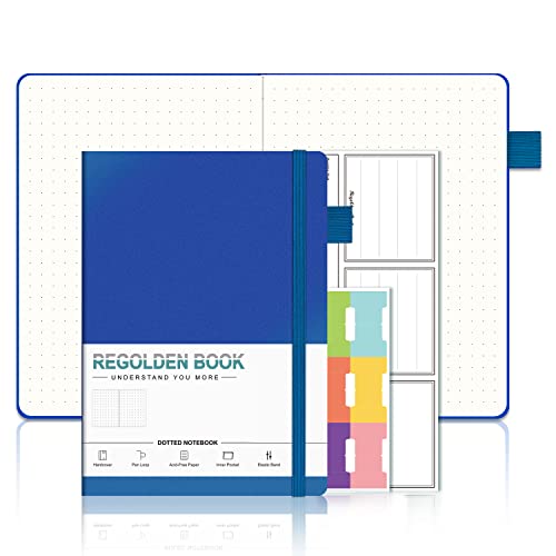 Regolden-Book Bullet Journal Dot Grid Journals A5 Size, Thick Paper Dotted Hardcover Notebooks with Pen Holder for Women & Men School/College/Work/Office/Business, 176 Pages, 8.5x5.5 (Navy)
