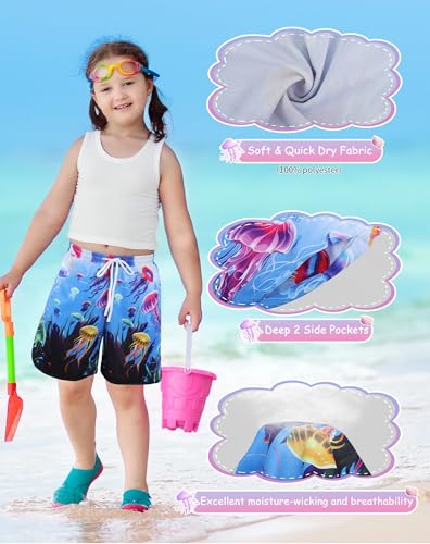 Girls Beach Board Shorts Swim Shorts with Liner Quick Dry Active Jellyfish Swim Trunk Have 2 Pockets Drawstring 2-12T3