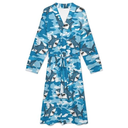 FOSKERV Women Men Full-Length Robes, Unisex Fashion Open Front Kimono Robe with Belt, Reusable Absorbent Bathrobe for Shower, Army Blue Camo Shark Art, (L)