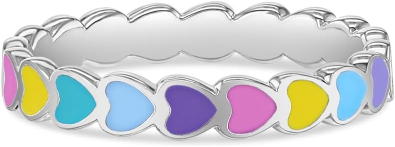 In Season Jewelry 925 Sterling Silver Size 3-5 Multicolored Enamel Heart Ring For A Toddler and Little Girl - Children's Colorful Enamel Heart Rings For Everyday Use
