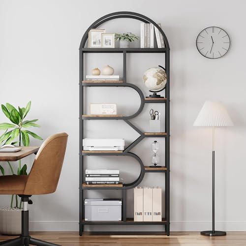 Garvee Bookshelf 6 Tier Arched, Bookcase 82 Inch Tall Display Racks, Geometric Open Storage Shelf, Book Rack Metal Frame Large Modern Bookshelf for, Living Room, Home, Office, Rustic Brown