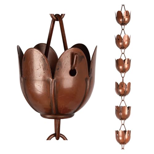 CLYB 6ft Rain Chain for Gutters Durable Antique Copper Rain Chains for Outside with 17 Large Lotus Cups Decorative Rain Catcher Chain Downspout Replacement for Outdoor Drainage & Eaves