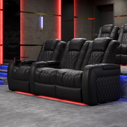 Valencia Tuscany Home Theater Seat - Nappa Leather Power Recliner with Cool Gel Memory Foam, USB-C/USB-A Charging, RGB LED Lights, Adjustable Lumbar & Headrest (Row of 2, Black)