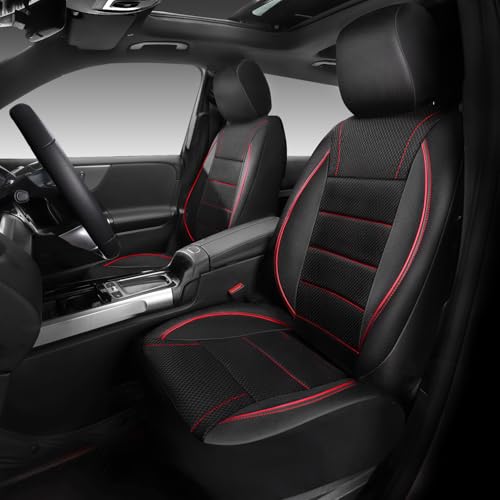 Image of CAR PASS Mesh Leather Car Seat Covers Full Set,Breathable Mesh Faux Leather Seat Covers for Car, Universal Fit for SUV Truck Sedan Automotive, Airbag Compatible, Black and Red