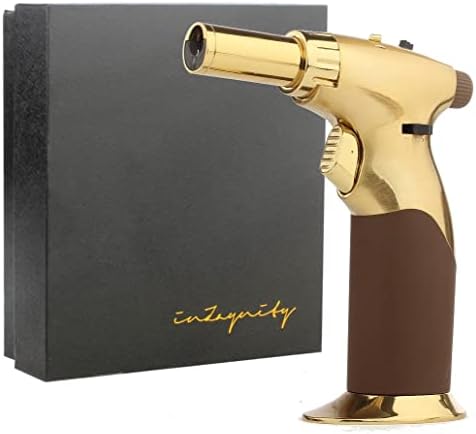 Dual Flame Butane Torch Gun - Refillable Luxury Hand Held Mini Blow Torch for Cooking, Creme Brulee, Soldering, Welding, & Resin Art - Adjustable Flame with Ignition Lock - Brown & Gold by inZaynity