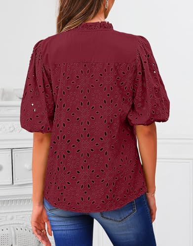 BETTE BOUTIK Women's Long Short Sleeve Tops 2025 Dressy Casual Button Hollow Out Lace Embroidered Blouses Shirts