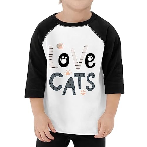 Love Cats Toddler Baseball T-Shirt - Themed 3/4 Sleeve T-Shirt - Art Print Kids' Baseball Tee