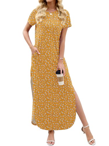 Image of Heymoments Womens Summer Maxi Dress Short Sleeve Casual Loose Long T Shirt Split Vacation Beach Sundress with Pockets
