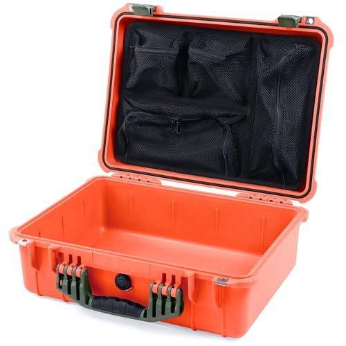 Pelican 1520 Case by ColorCase - Orange - Medium Size Waterproof Case with Mesh Lid Organizer - OD Green Handles & Latches