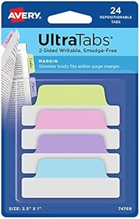 Avery 74769 Ultra Tabs, 2.5 x 1 Inch, 2-Side Writable, Pastel Blue/Pink/Purple/Green, 24 Repositionable Margin Tabs