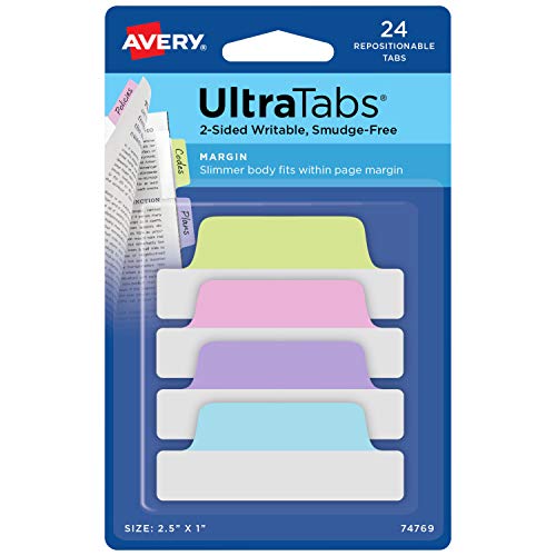 AVERY Margin Ultra Tabs, 2.5" x 1", 2-Side Writable, Assorted Pastel Color, 24 Repositionable Tabs (74769)