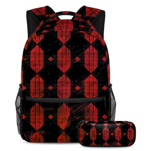Cartable à motif tartan noir et rouge grand sac à dos scolaire avec trousse ado