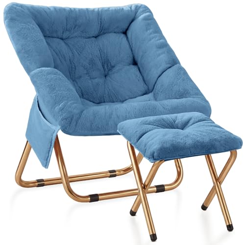 Kasunpul Comfy Saucer Chair, Foldable Living Room Chairs, Soft Faux Fur Lounge Chair for Bedroom, Reading Chairs for Adults, Teens, X-Large (Blue)