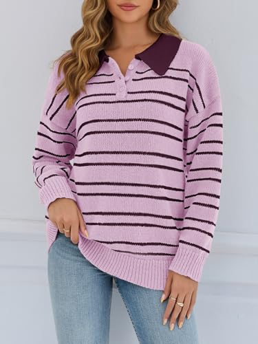 Saodimallsu Womens Striped Swaters Button Collared Polo Shirts Oversized Long Sleeve Chunky Knit Trendy Pullover Tops2