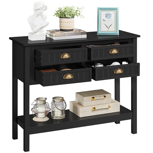 Yaheetech Console Table with 4 Drawers, Sofa Side Table with Bottom Open Storage Shelf, Heavy-Duty Entryway Tables for Hallway/Living Room, 39.5x14x32 inch, Black