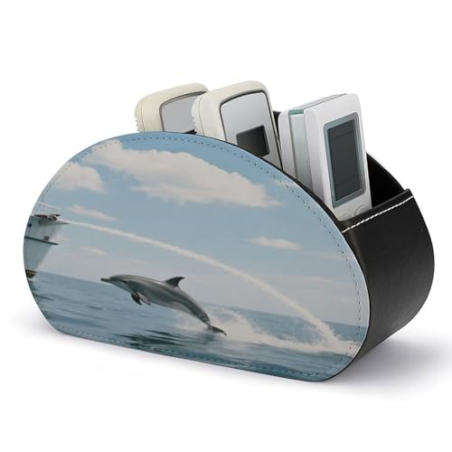 PNHDGBO 5 Slot TV Remote Holder PU Leather Dolphin Stern Remote Caddy for Home Office Supplies Makeup Brush TV Accessories Multifunctional Desktop Organizer for Nightstand Couch Table Vanity