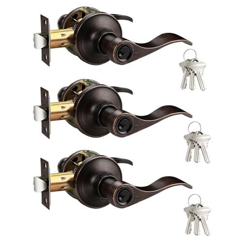 Image of Gobrico Keyed-Alike Oil Rubbed Bronze Entry Door Locks Wave Handle Lever with Same Key, 3Pack