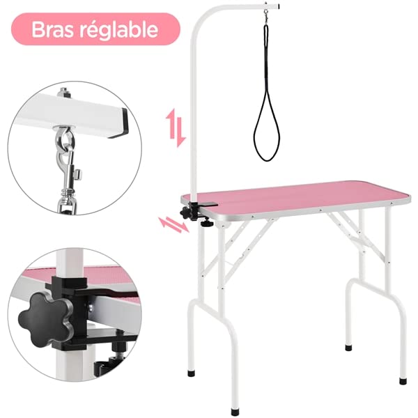 Abician Table de Toilettage pour Chien/Chat/Animaux Table de Toilettage Portable avec Potence Réglable Sangle Plateau Antidérapant 80,5× 46 × 76 cm Charge Maximale de 100 kg Rose