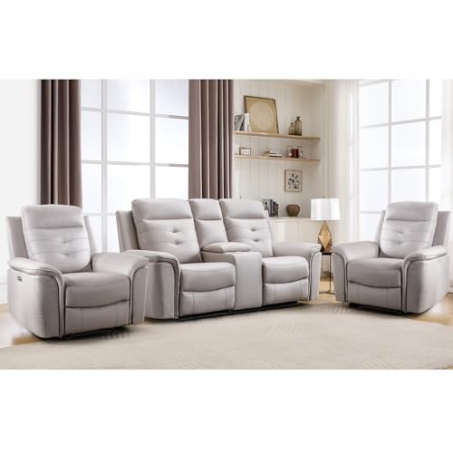 Image of ANJ 3-Piece Faux Leather Power Recliner Sofa Set with USB&Type-C Charging Ports, Include 2 Single Recliner Chairs and 2-Seater Loveseat with Hidden Storage & Cup Holders, Beige