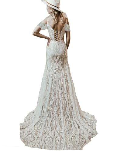 Ayervici Simple Ivory Lace Wedding Dress for Brides Detachable Cold