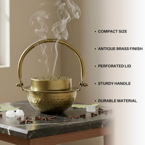 Image of Manor House Pure Iron Dhoop Dani with Handle | Traditional Sambrani Loban Incense Burner | Smoke Vent Lid Dhoop Holder for Pooja, Meditation, Home Temple, Yoga & Spiritual Use (Small)