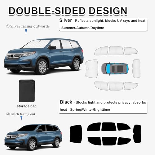 Image of KMF 8pcs Thicken Sun Shades for Honda Pilot 2016-2022 Accessories, Custom Fit Full Car Window Covers Sunshade for Windshield Side Rear, UV Block and Blackout Privacy for Camping Outdoor