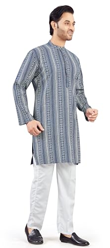 Image of Studio Shringaar Men's Navy Blue Cotton Turkish Printed Knee Length Relax Fit Kurta (Navy Blue, Small)