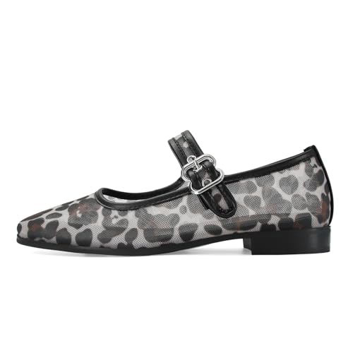 Image of DOEYG Mesh Ballet Flats Shoes for Women Leopard Animal Print Mary Jane Flats Shoes Square Toe Dress Casual Comfortable Velvet Ballerina Shoes