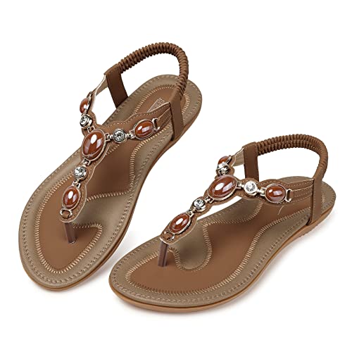 Image of SHIBEVER Dressy Flat Women Sandals: Comfortable Summer Thong Flats Sandal | Arch Support Walking Ankle Strap Dress Rhinestone Bling Womens Sandal - All Day Comfort Casual Beach Boho Women's Shoes