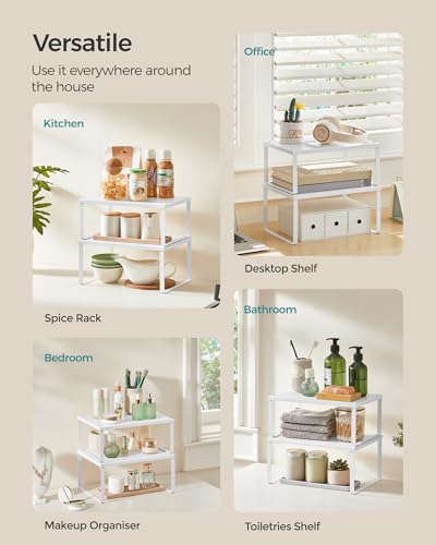 SONGMICS Spice Racks, Set of 2 Cupboard Organisers, Kitchen Storage, Stackable, Expandable, Metal Counter Shelves, White KCS01WT - Image 6