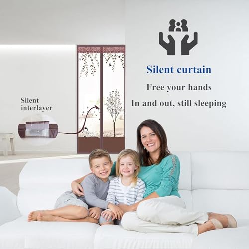 Image of Mosquito Net for Door Polyester Magnetic Curtain Auto Closing Insect Screen for All Door Types with Self Adhesive Hook Tape Auto Close Insect Screen (210 * 100 cm, Brown)