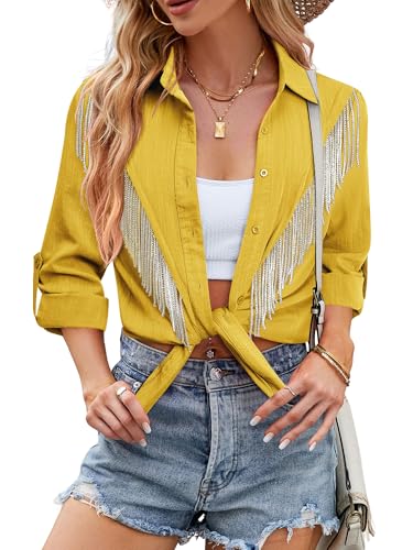 Image of MYMORE Womens Sparkly Fringe Shirt Western Cowgirl Country Concert Outfit